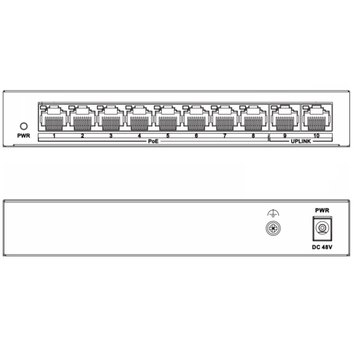 Rysunek techniczny switcha POE 8 portowego do kamer Hikvision DS-XS0110-P/Polish